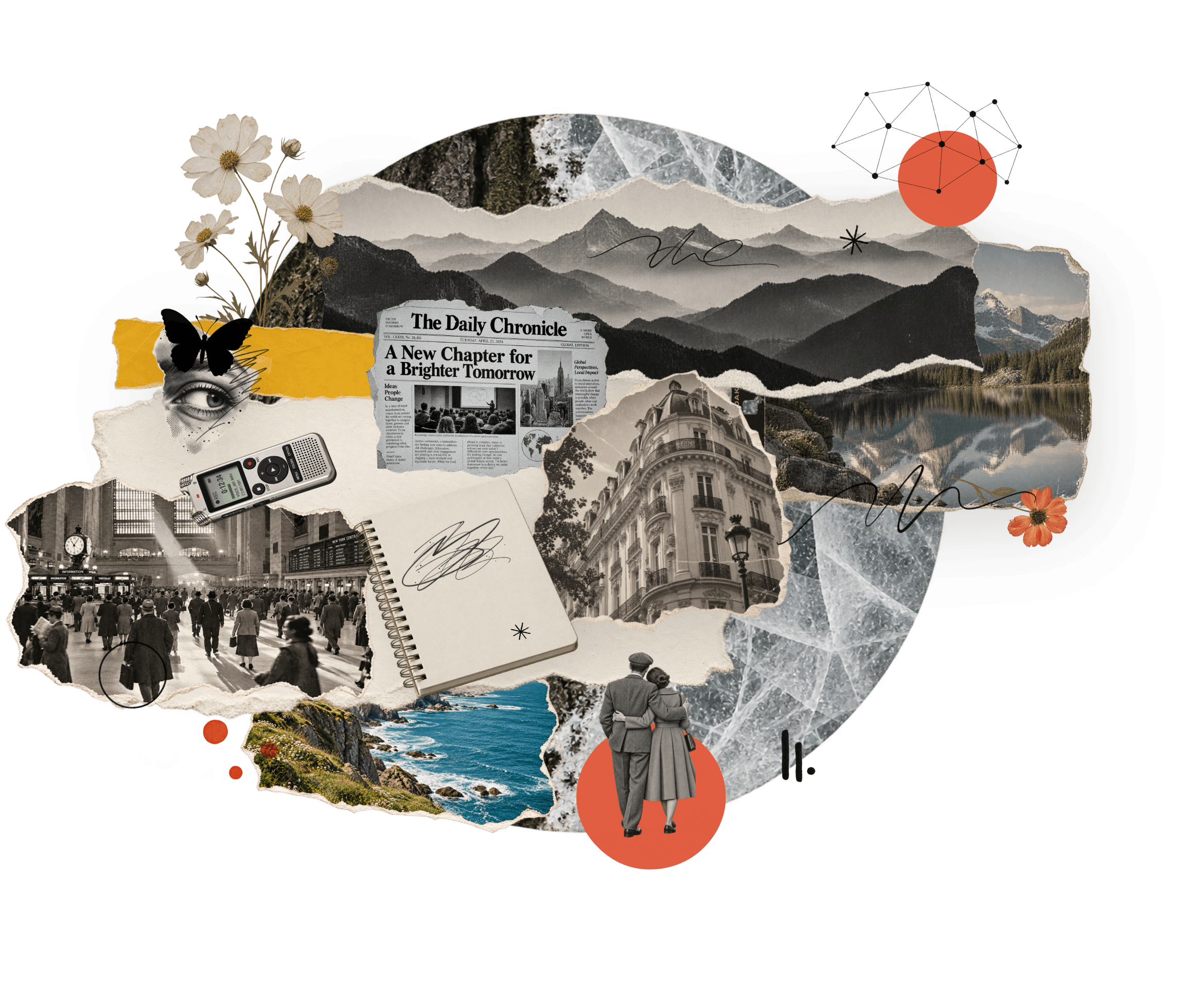 A collage of research artefacts and imagery — a voice recorder, a spiral notebook, a torn newspaper clipping, mountain and lake landscapes, a coastline, and vintage photographs of a city crowd and a couple
